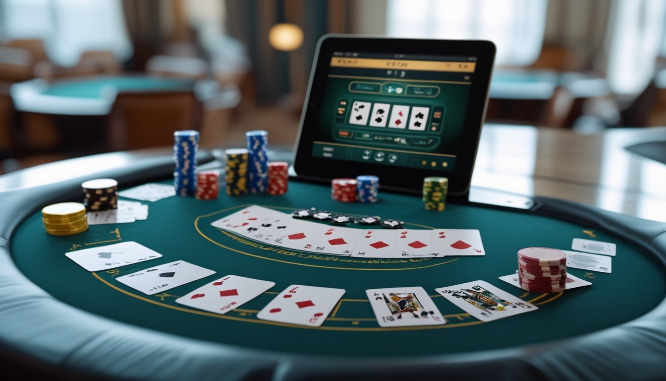 Meja permainan blackjack dengan kartu, chip, dan layar digital yang menunjukkan permainan untuk latihan tanpa risiko.