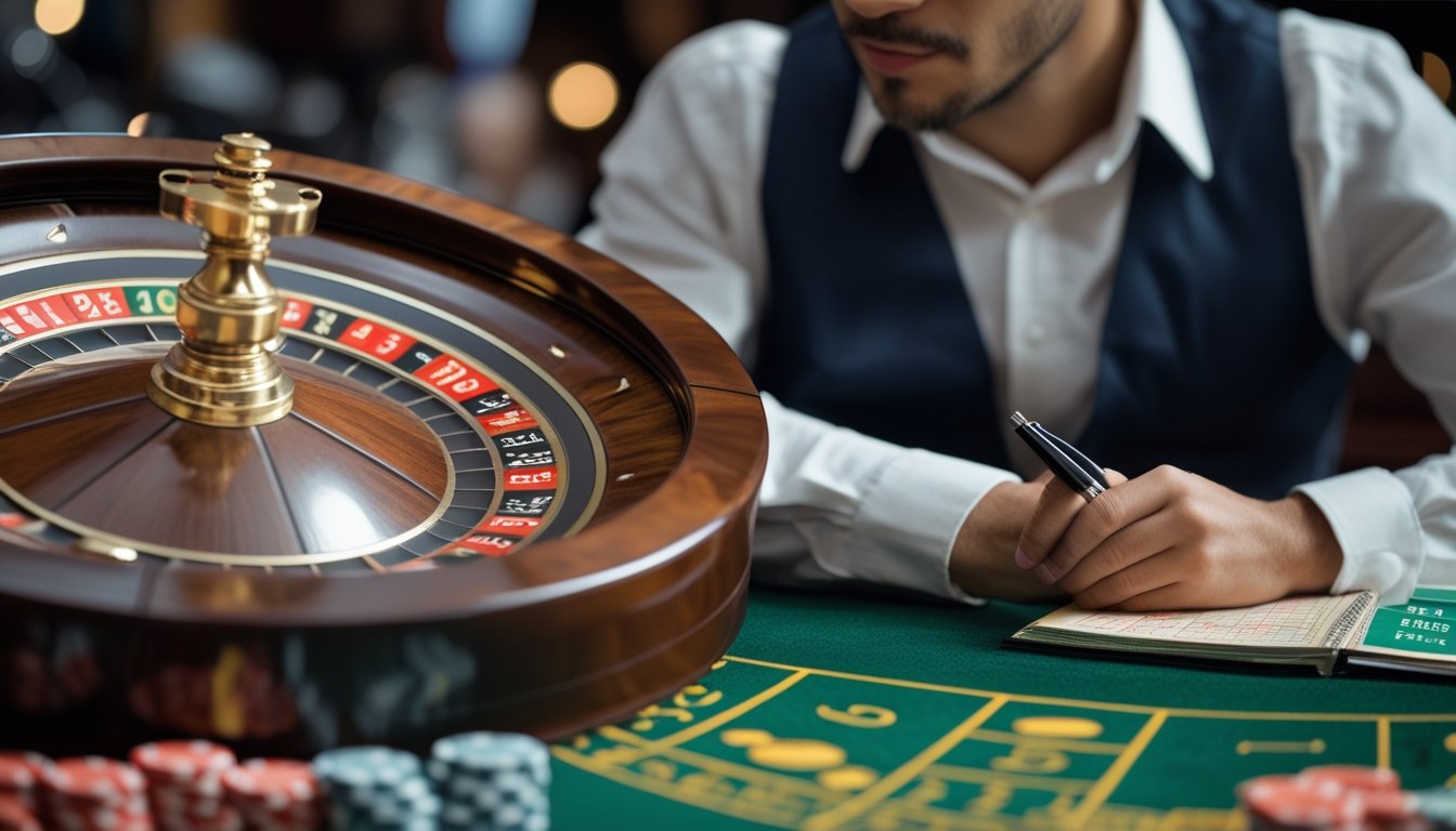 Seorang pemain sedang mengamati roda roulette yang berputar di meja kasino dengan tumpukan chip dan catatan probabilitas.