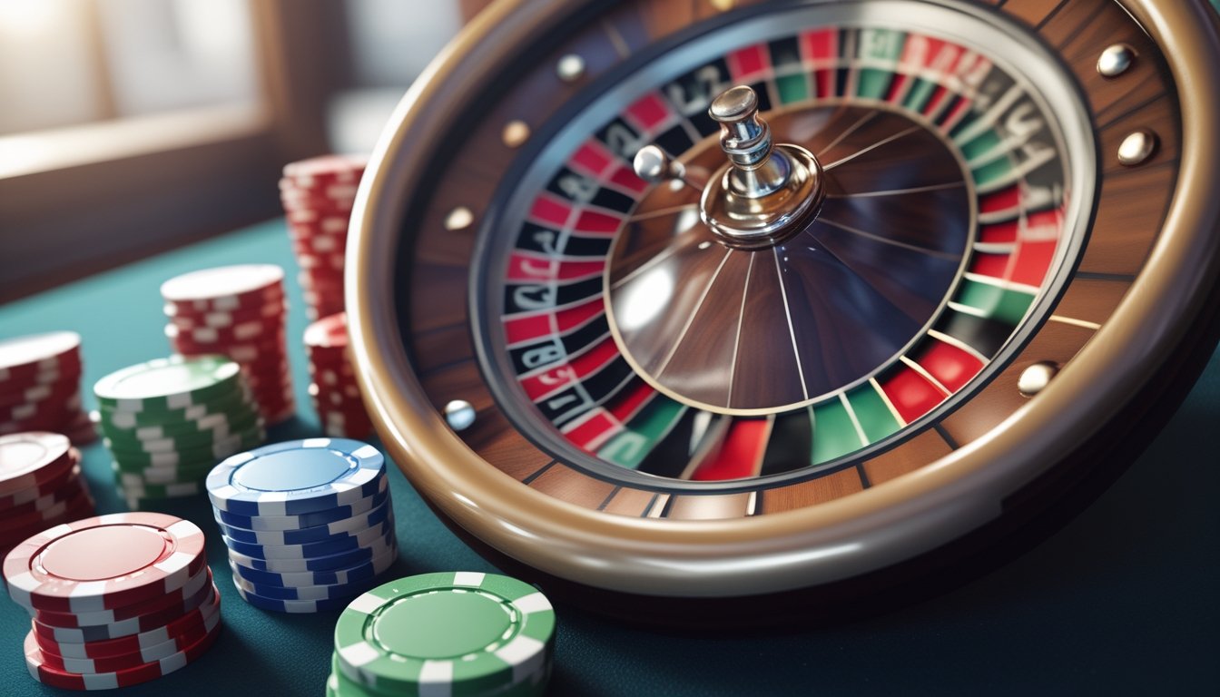 Roda roulette yang berputar dengan bola putih dan tumpukan chip kasino berwarna di sekitarnya.