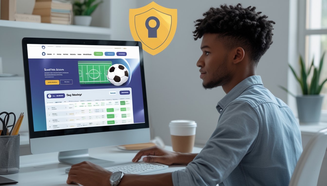 Seorang dewasa muda duduk di meja dengan laptop yang menampilkan situs taruhan bola online, di ruangan terang dengan cahaya alami dan suasana tenang.