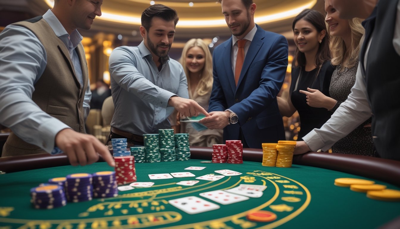 Sekelompok orang sedang belajar bermain baccarat di meja kasino dengan kartu dan chip taruhan.