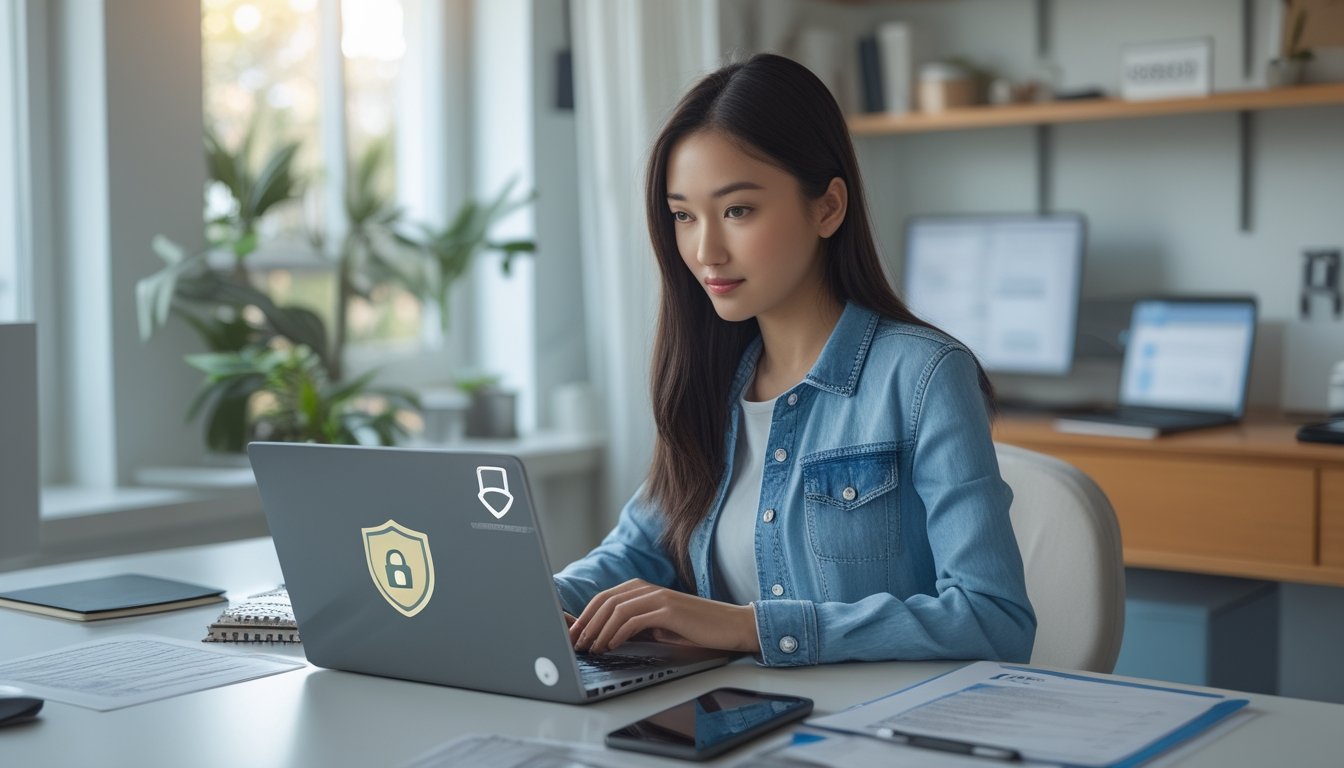 Seorang wanita muda duduk di meja kerja menggunakan laptop dengan simbol keamanan di layar, menunjukkan proses memilih situs taruhan bola online yang aman.
