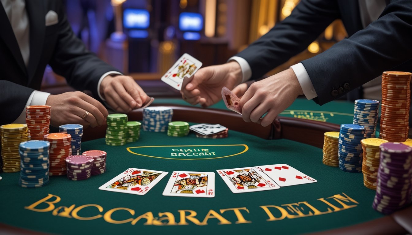 Meja kasino dengan kartu Baccarat dan chip poker, pemain dan dealer sedang bermain.