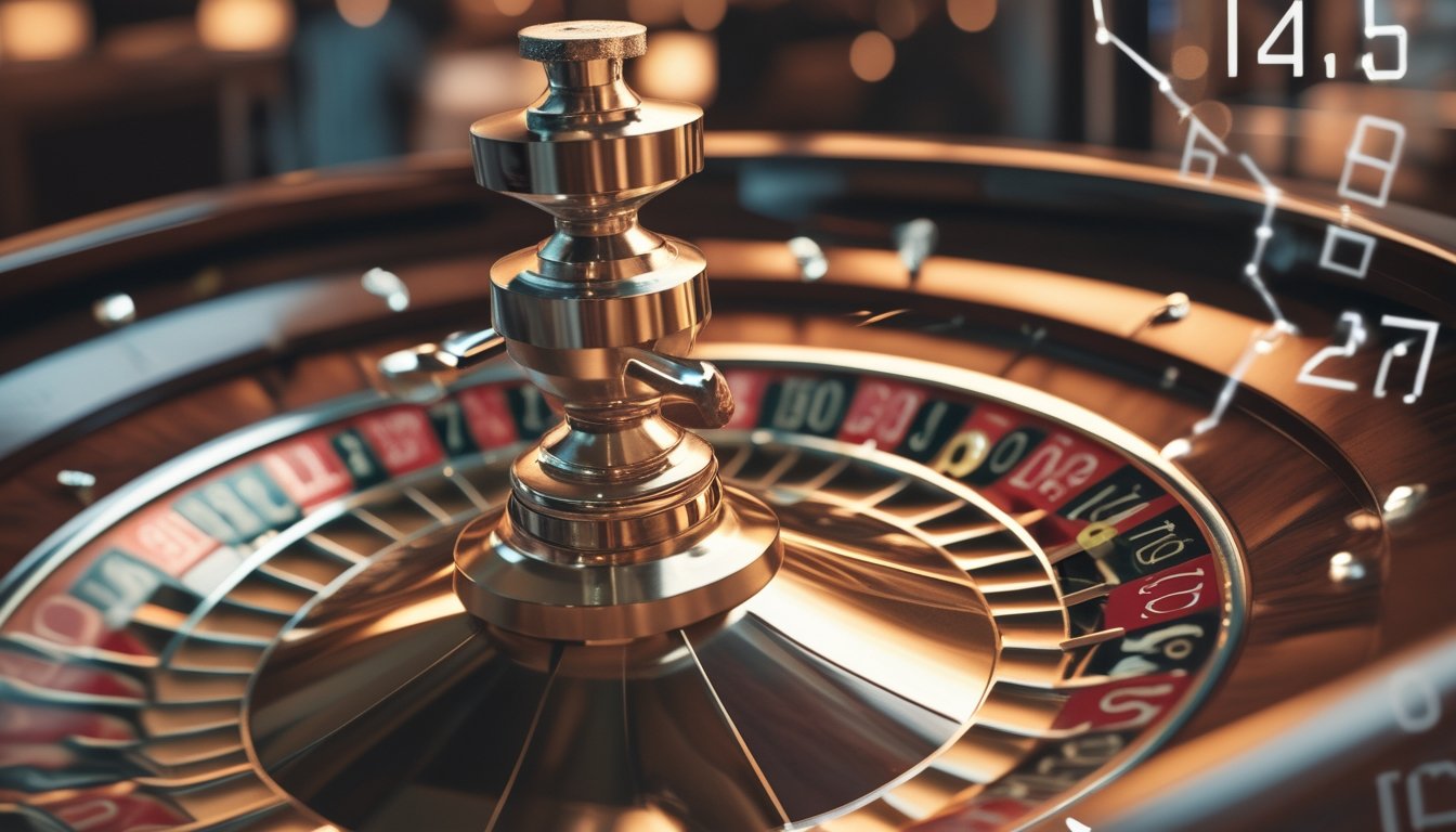 Gambar close-up roda roulette yang berputar dengan bola di salah satu nomor, menampilkan angka-angka dan mekanisme roda secara jelas.