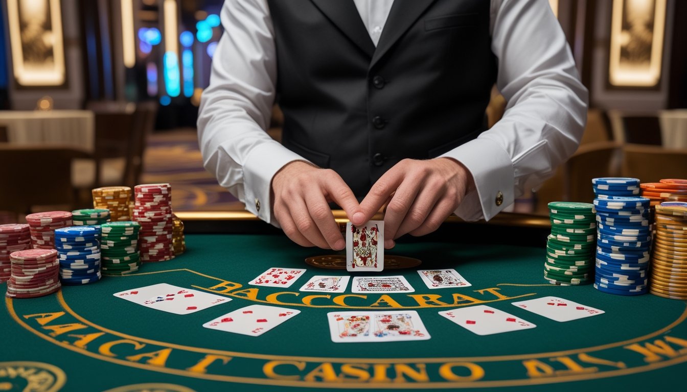 Meja permainan baccarat di kasino dengan dealer yang sedang membagikan kartu dan tumpukan chip warna-warni.