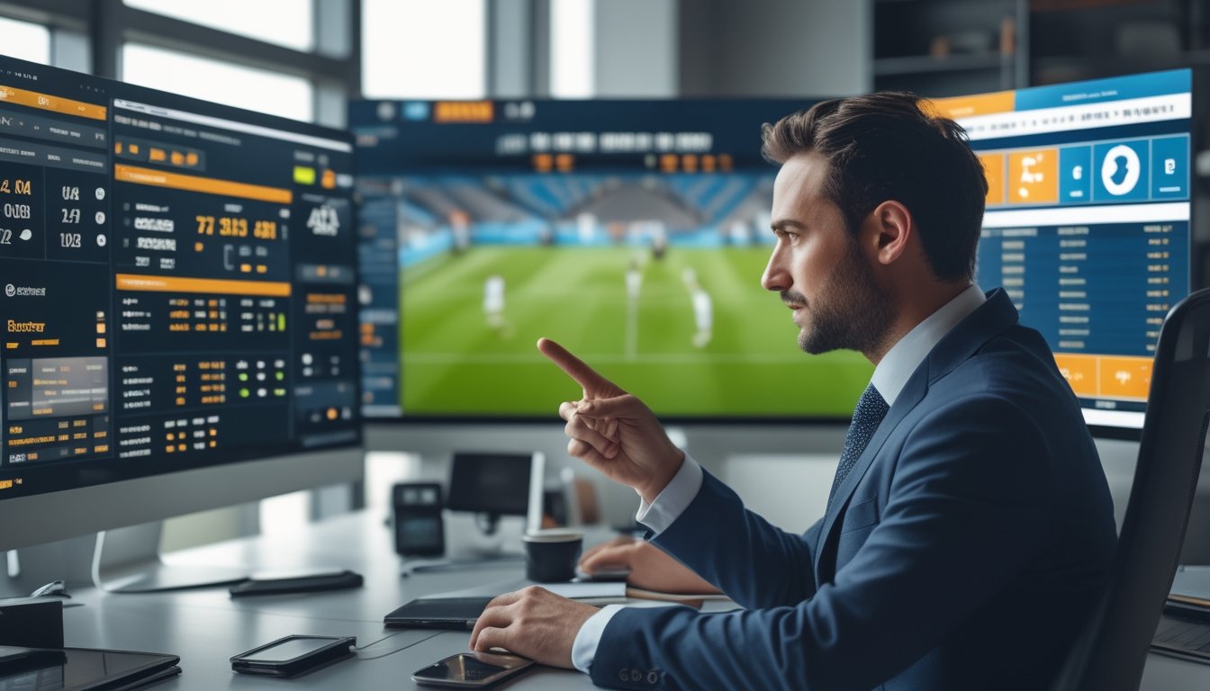 Seorang pria profesional duduk di meja kantor dengan beberapa layar komputer yang menampilkan statistik olahraga dan pertandingan sepak bola, terlihat fokus dan serius.