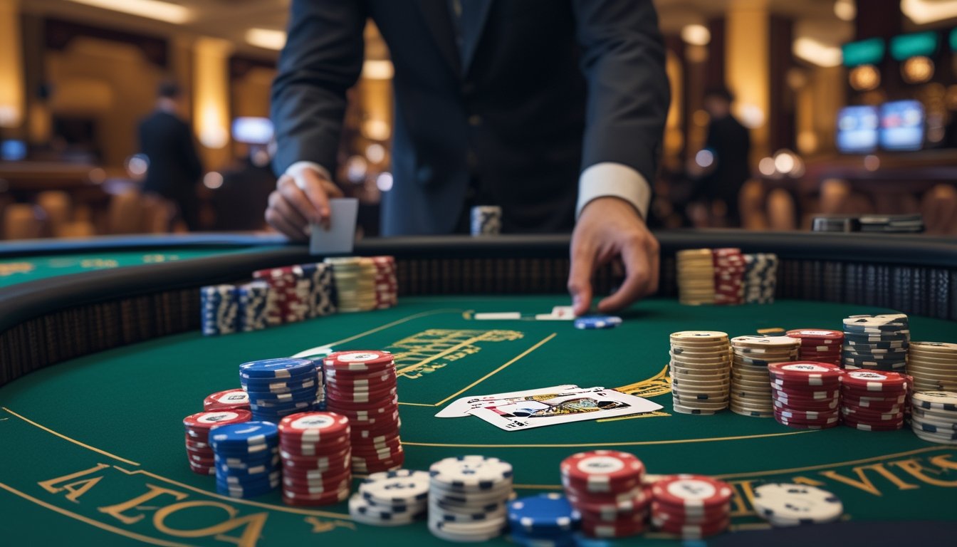 Meja permainan baccarat dengan kartu dan chip kasino, serta tangan dealer yang sedang meletakkan kartu di meja.