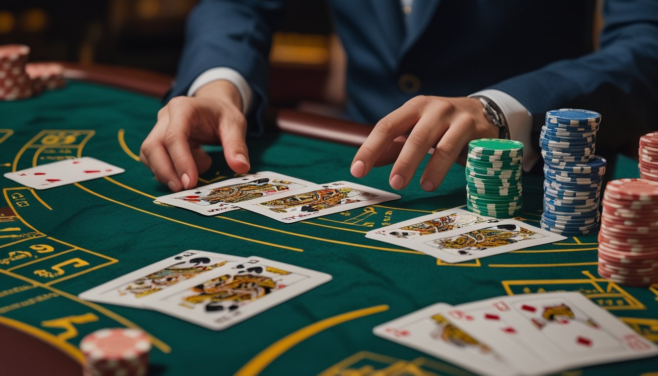 Tangan dealer sedang membagikan kartu di atas meja baccarat dengan tumpukan chip di dekatnya.