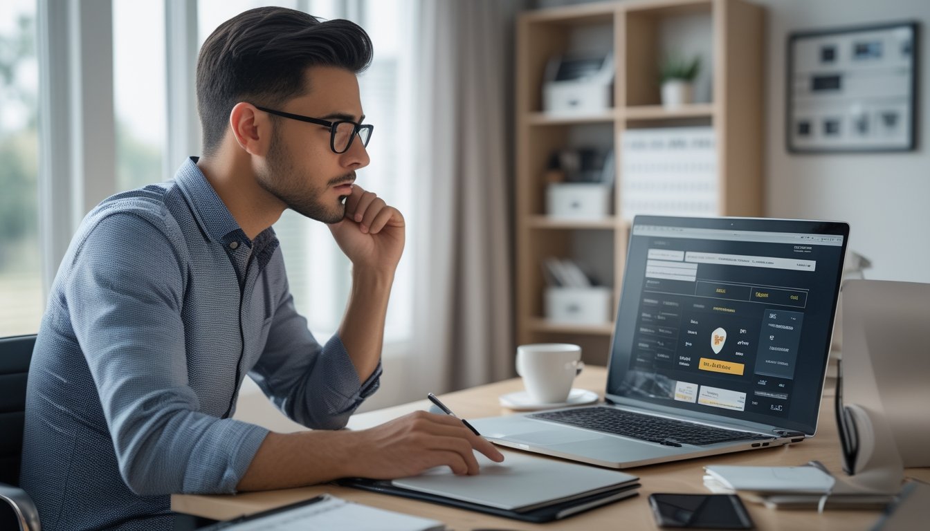 Seorang pria muda sedang duduk di meja kerja menggunakan laptop dengan tampilan situs taruhan olahraga, terlihat serius dan fokus menganalisis informasi.