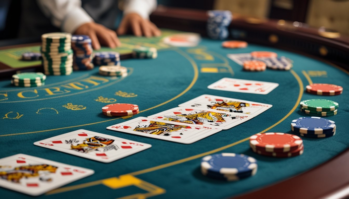 Meja kasino dengan kartu Baccarat dan tumpukan chip yang terlihat jelas.