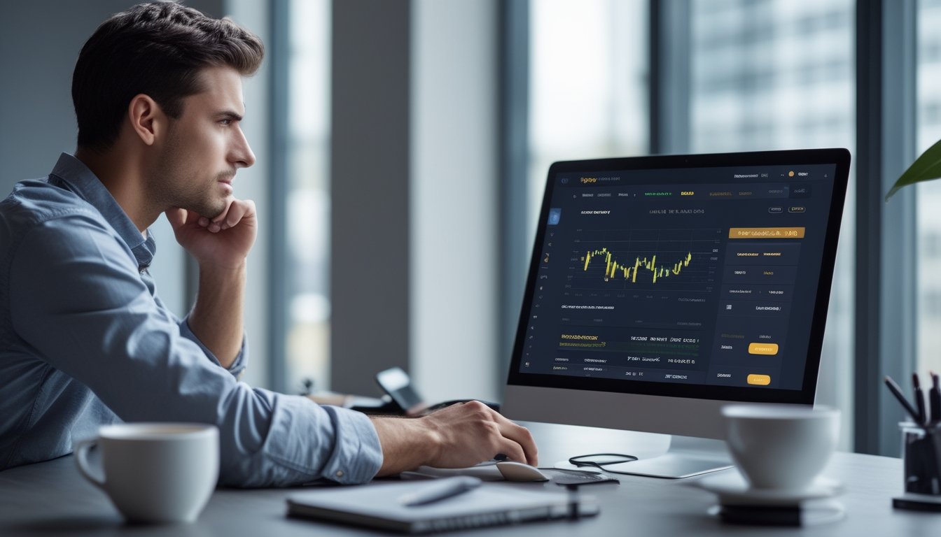 Seorang pria muda duduk di meja dengan laptop, terlihat fokus dan waspada saat menggunakan situs taruhan bola online.