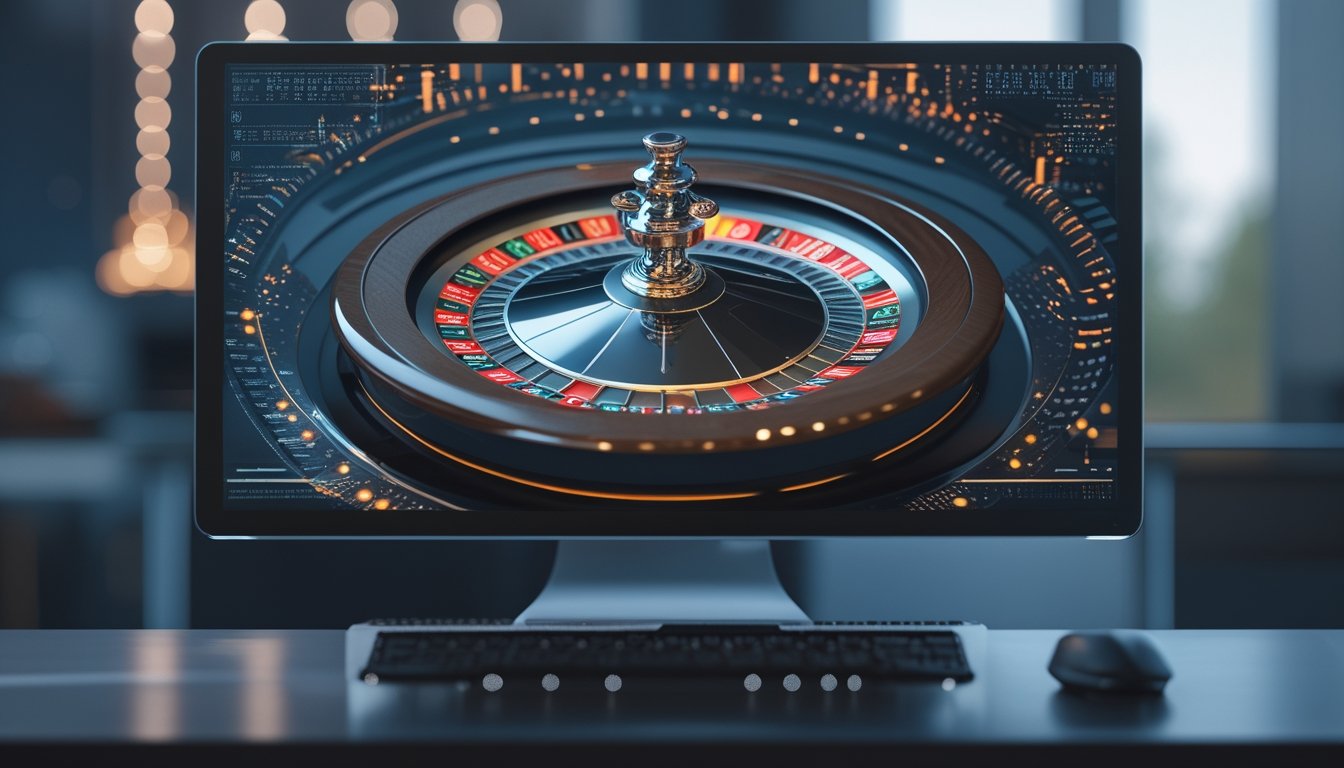Layar komputer menampilkan roda roulette digital dengan bola yang berputar dan elemen grafis yang menggambarkan alur data dan angka acak.