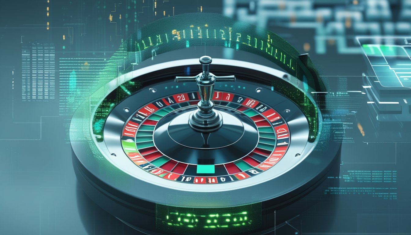 Gambar roda roulette digital dengan elemen angka acak dan kode biner di latar belakang, menggambarkan cara kerja generator angka acak.