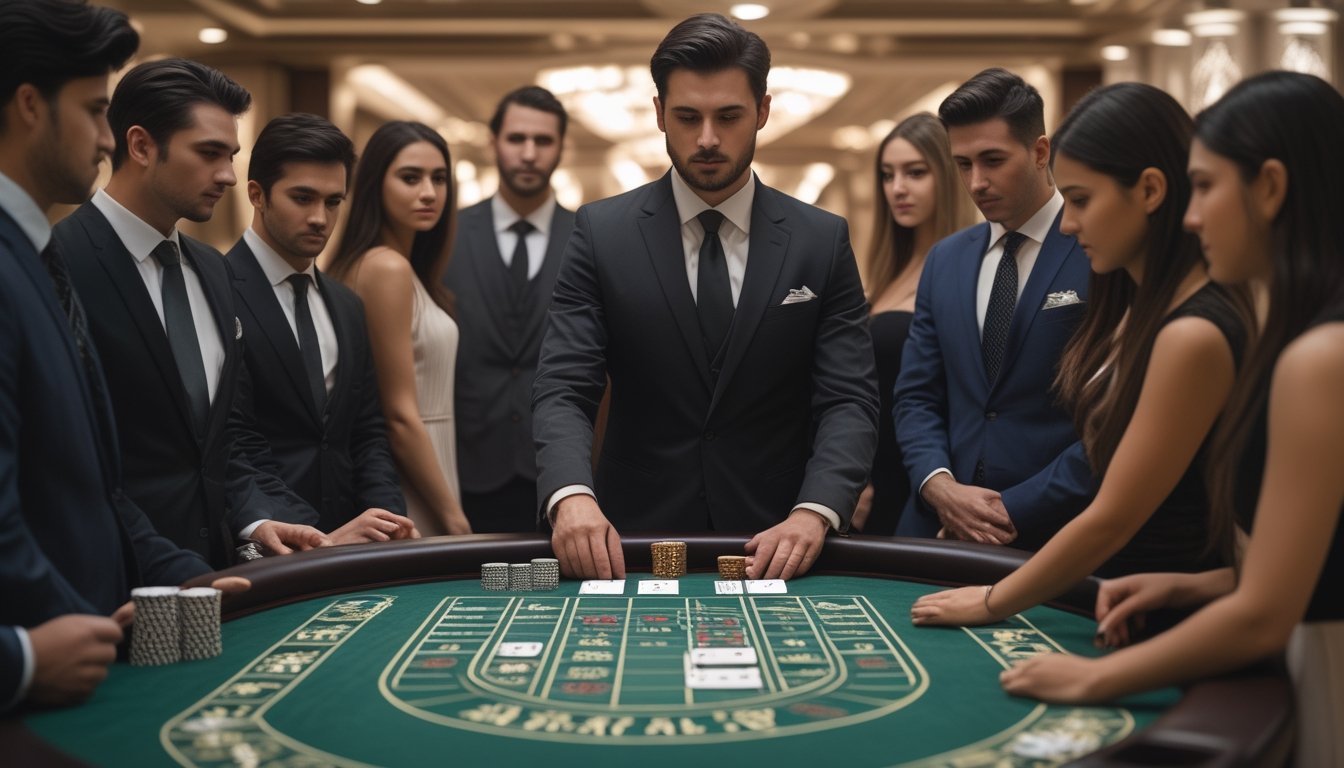 Seorang bankir dan beberapa pemain sedang bermain baccarat di meja kasino dengan suasana mewah.