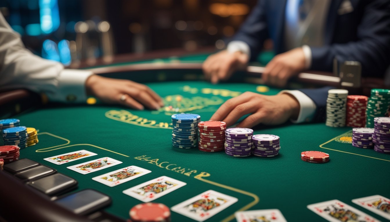 Meja permainan baccarat dengan kartu dan tumpukan chip, serta dealer yang sedang mengelola permainan di kasino.