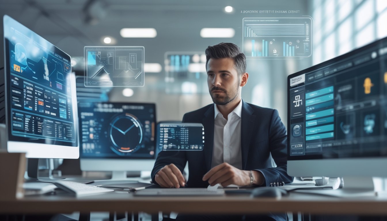 Seorang profesional di kantor modern sedang menganalisis data taruhan olahraga pada beberapa layar komputer dengan latar belakang yang menunjukkan perbedaan antara bandar bola resmi dan tidak resmi.