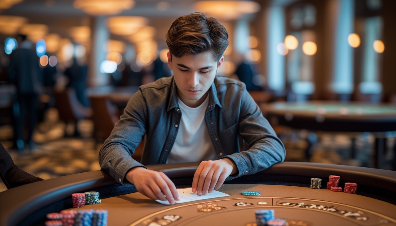 Seorang pemula sedang belajar strategi dasar bermain baccarat di meja kasino dengan kartu dan chip tertata rapi.