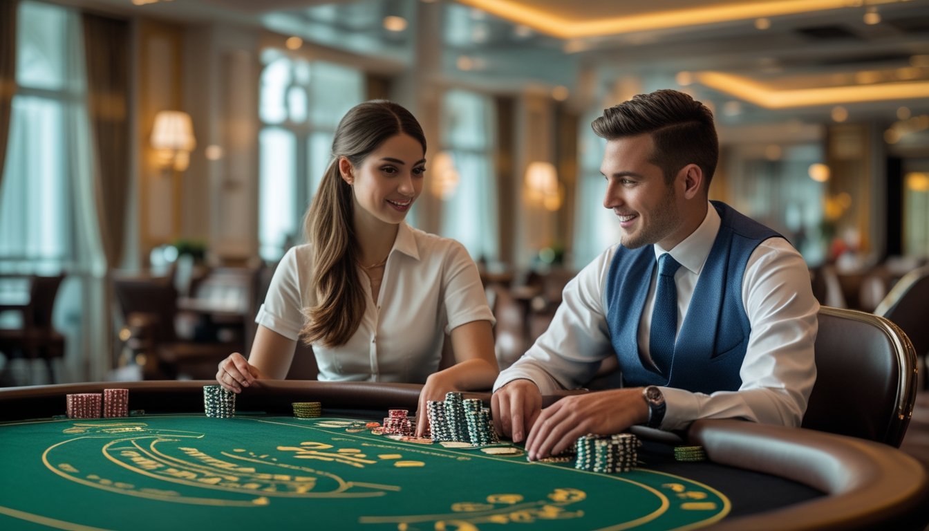 Seorang pemula sedang belajar strategi dasar bermain baccarat di meja kasino dengan dealer yang menjelaskan permainan.