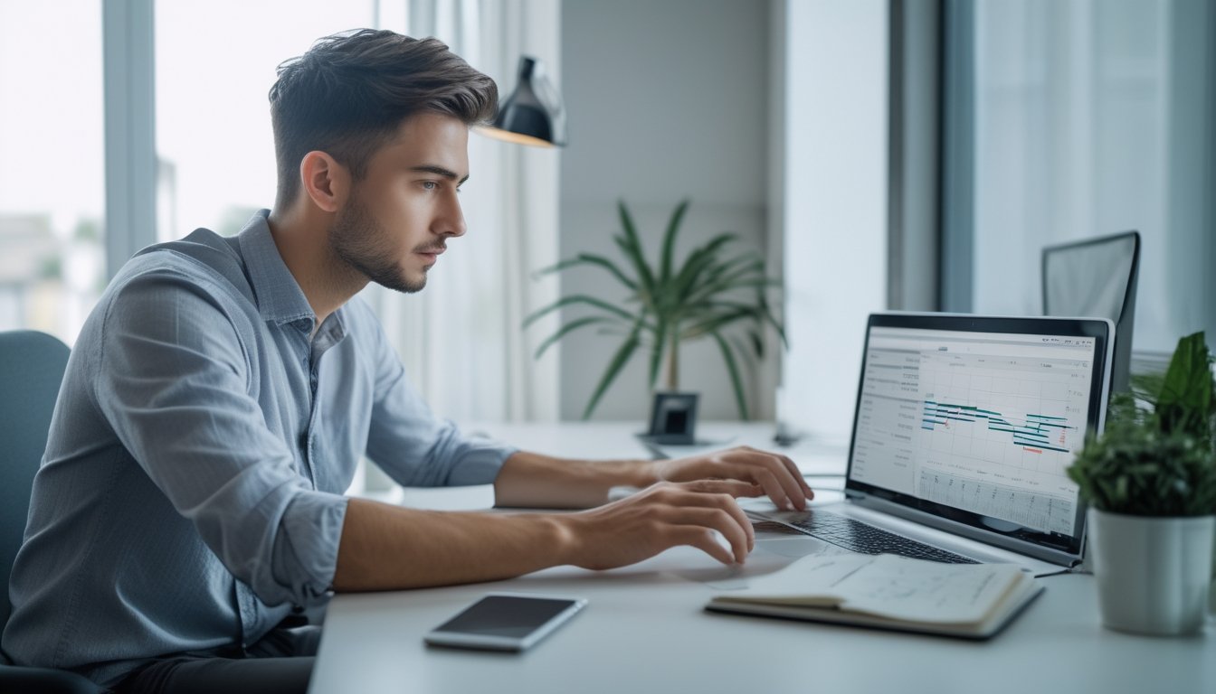 Seorang pria muda duduk di meja kerja dengan laptop, menganalisis data dan grafik terkait pengelolaan risiko taruhan bola online.