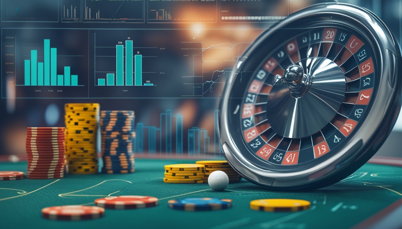 Meja roulette dengan bola putih di salah satu nomor dan tumpukan chip berwarna di sekitarnya, dengan grafik statistik samar di latar belakang.