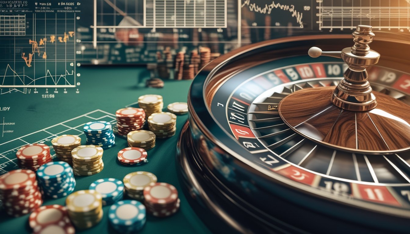 Sebuah meja roulette dengan roda berputar, bola putih di atasnya, dan tumpukan chip taruhan berwarna-warni di sekitarnya.