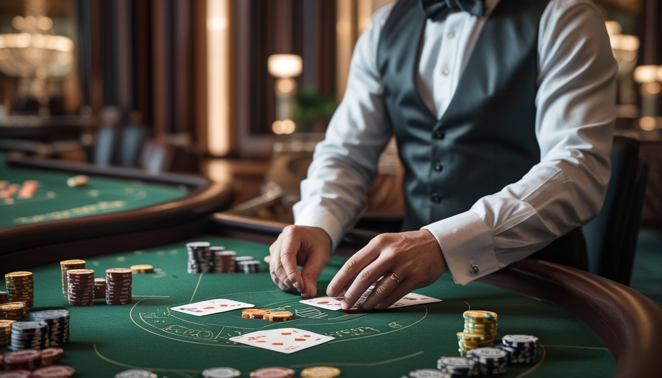 Seorang dealer di meja baccarat dengan kartu dan chip dalam suasana kasino yang mewah.