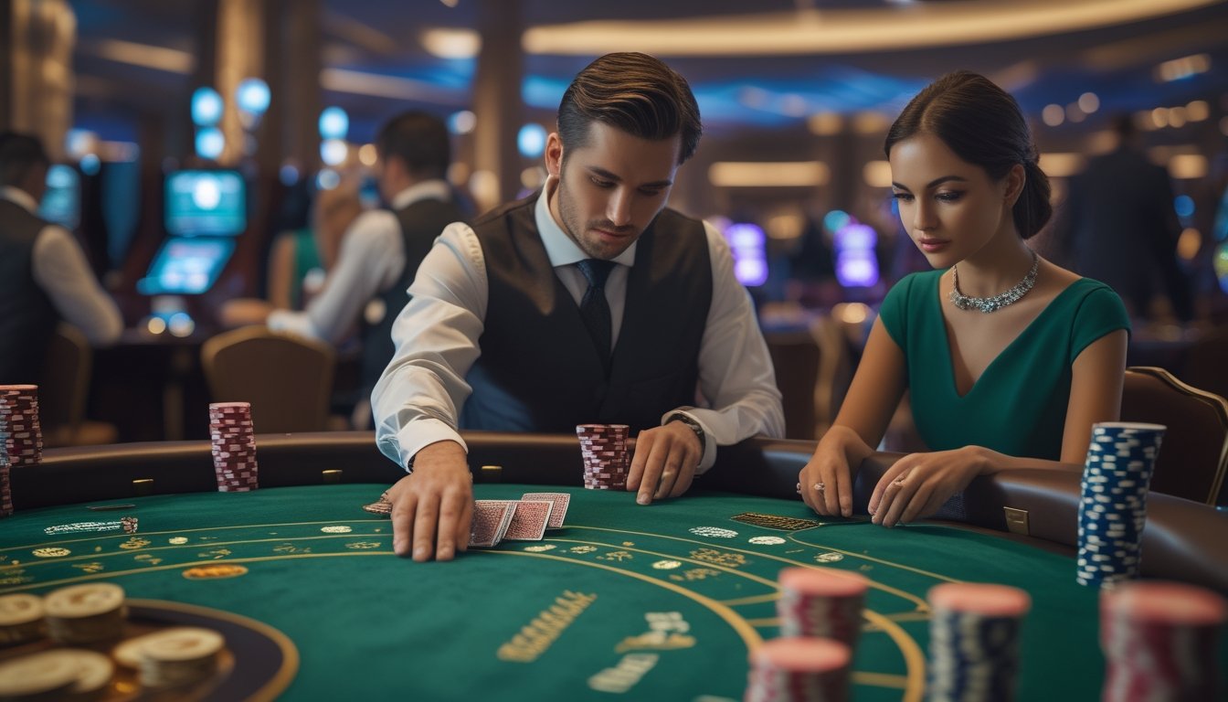 Dua orang bermain Baccarat di meja kasino dengan dealer yang membagikan kartu.