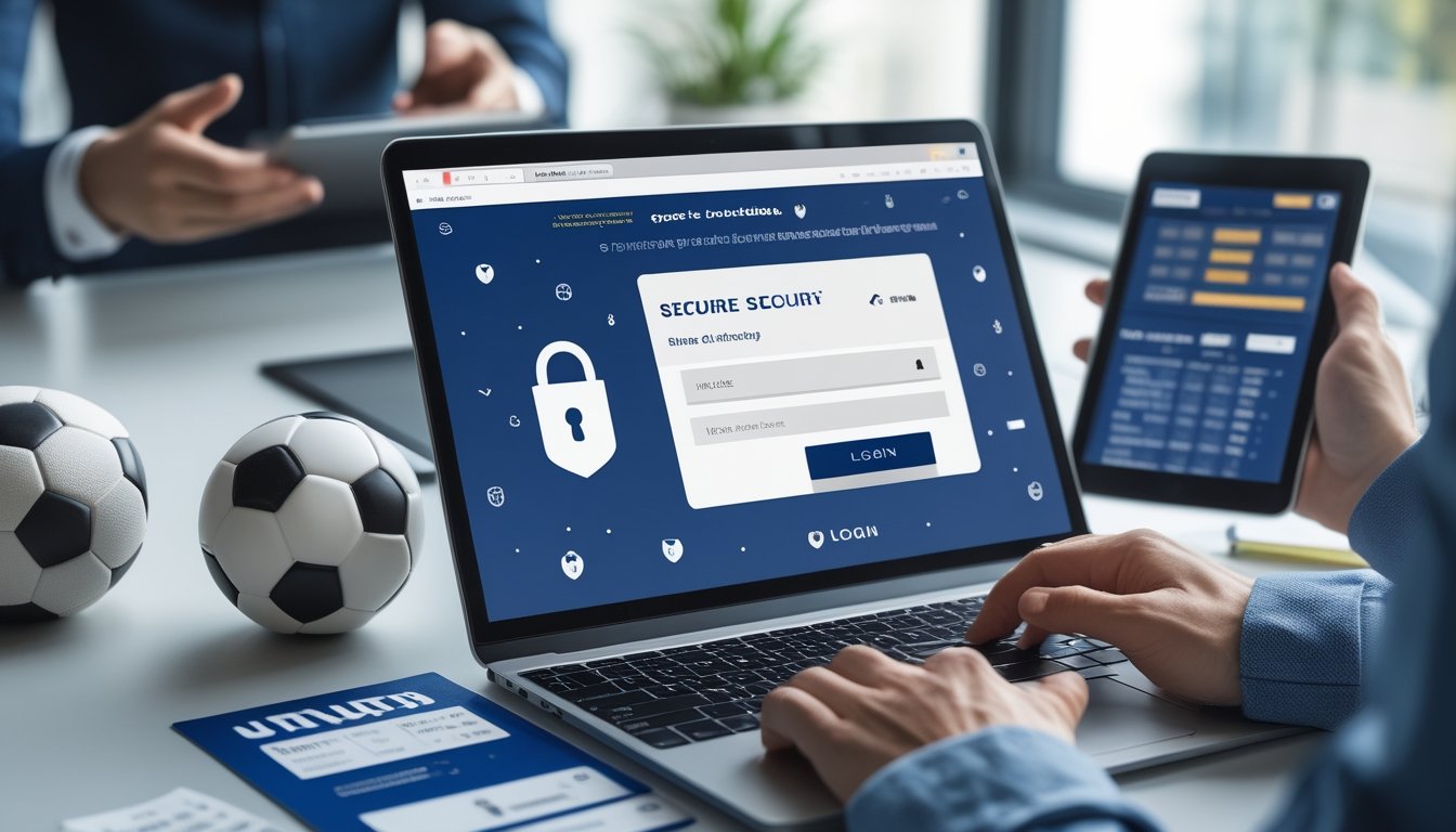 Seorang profesional sedang menggunakan laptop dan tablet di ruang kerja modern dengan elemen bola sepak dan papan skor digital di sekitar, menunjukkan keamanan dan aktivitas taruhan olahraga online.