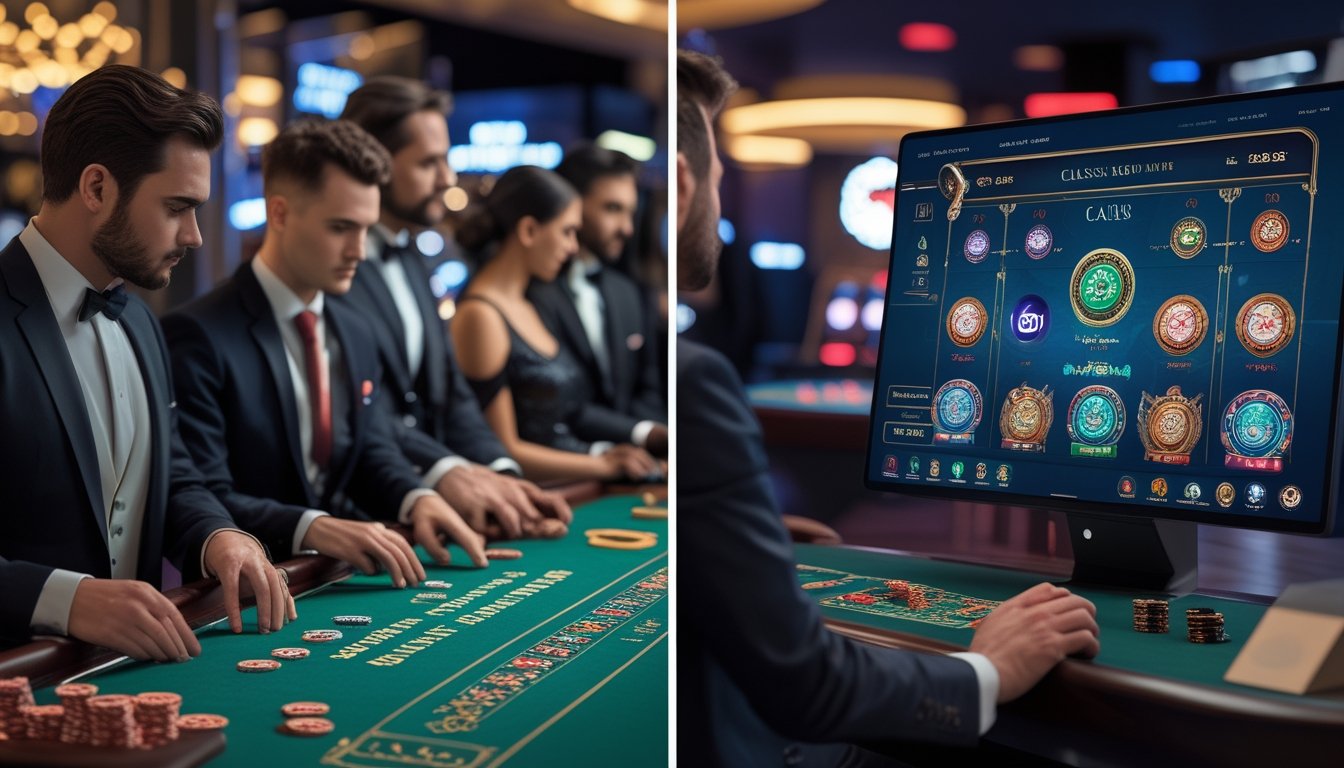 Pemandangan dua sisi meja baccarat, satu sisi dengan permainan klasik menggunakan kartu fisik di kasino, sisi lain dengan antarmuka digital baccarat di layar modern.