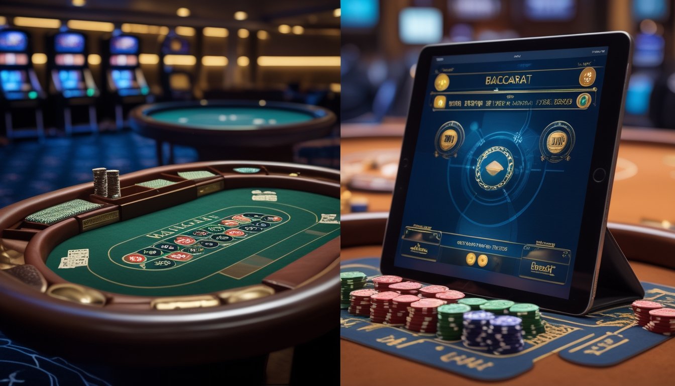 Meja permainan Baccarat klasik dengan kartu dan chip di satu sisi, dan layar digital menampilkan permainan Baccarat modern di sisi lain.