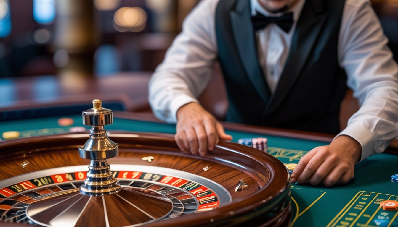 Seorang dealer berdiri di samping meja roulette yang sedang berputar dengan bola, di dalam suasana kasino yang terang dan profesional.