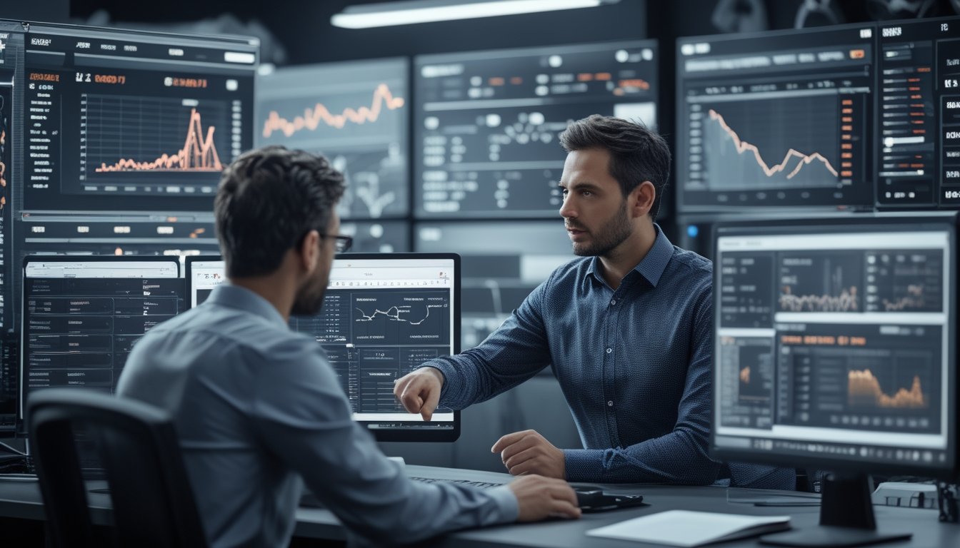 Seorang analis di kantor modern sedang melihat dan membahas data odds taruhan bola online di beberapa layar komputer.