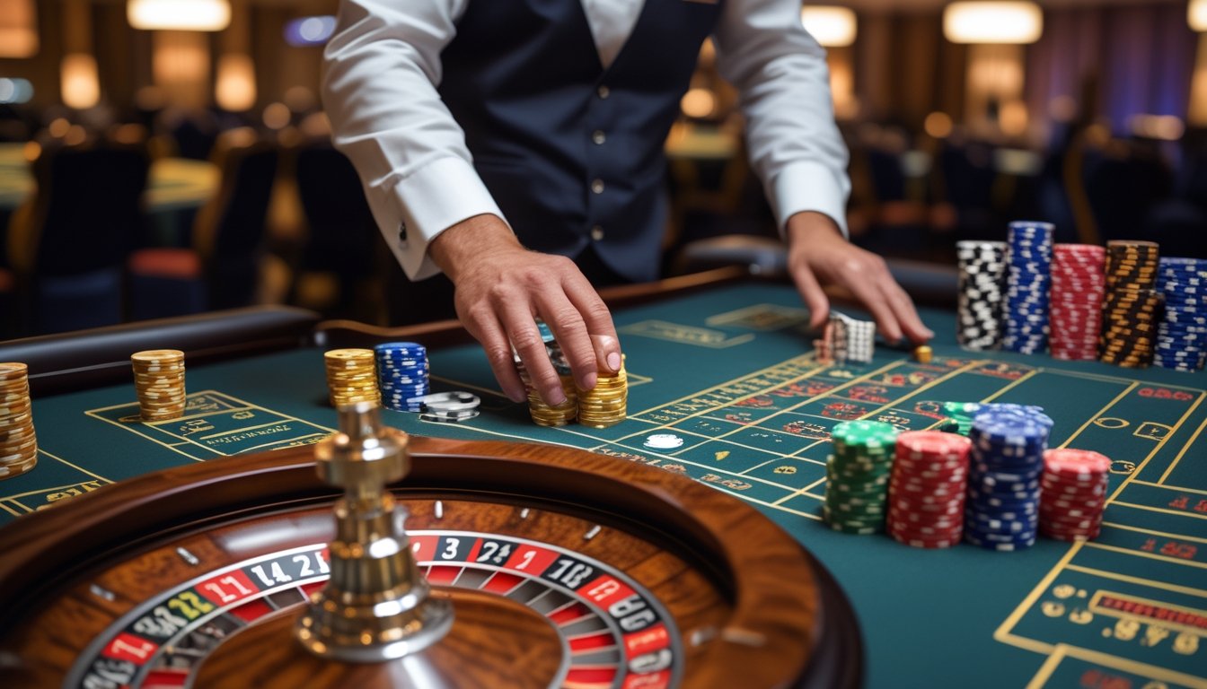 Seorang dealer sedang mengelola permainan meja roulette dengan roda roulette dan chip taruhan terlihat jelas di atas meja.