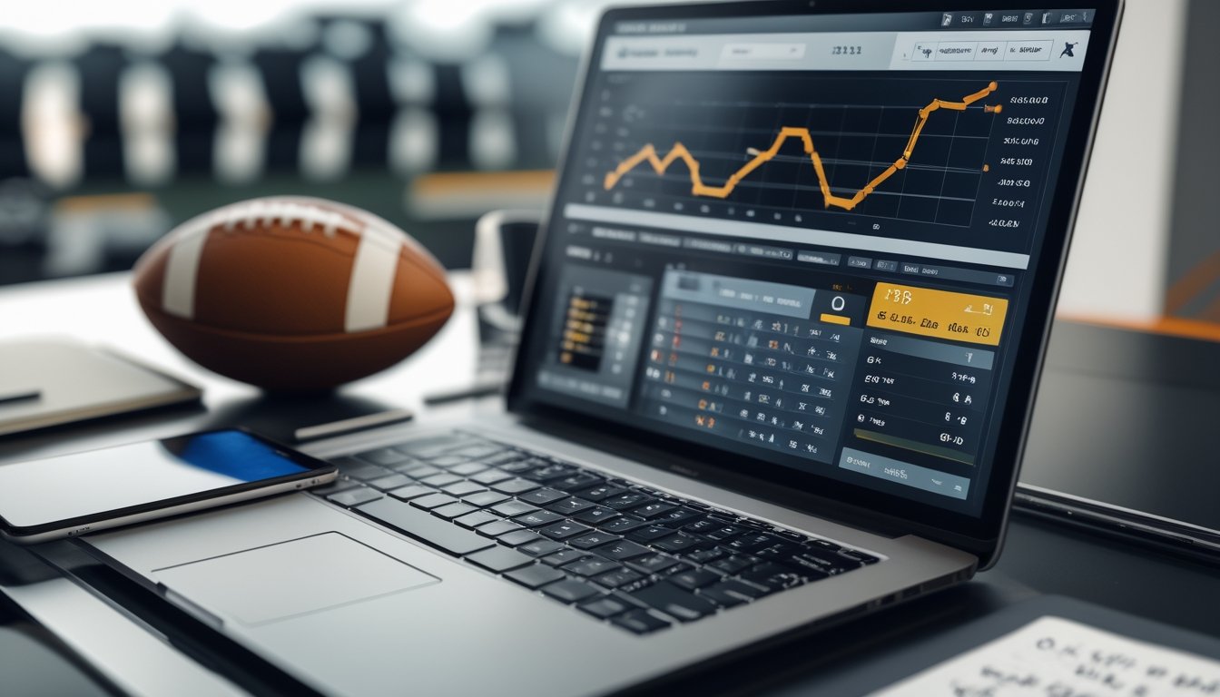 Meja kerja dengan laptop yang menampilkan grafik odds taruhan bola, bola sepak di atas meja, dan ponsel yang menunjukkan odds taruhan langsung.