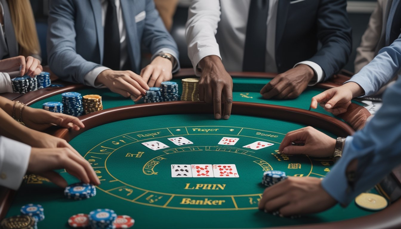 Sekelompok orang muda belajar bermain baccarat di meja kasino dengan kartu dan chip taruhan.