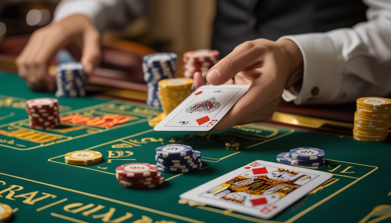 Tampilan dekat meja permainan baccarat dengan kartu dan tumpukan chip kasino pada permukaan hijau.