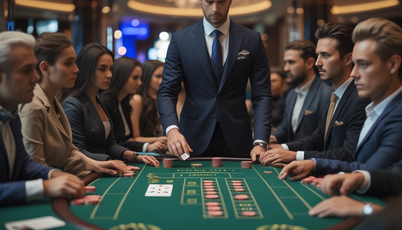 Seorang dealer dan beberapa pemain duduk di meja baccarat di kasino, tampak serius dan fokus bermain kartu.