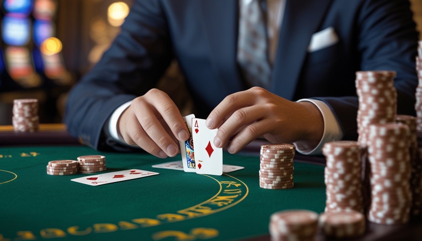 Seorang pemain berpakaian rapi sedang memperhatikan kartu dan chip di meja baccarat di kasino.