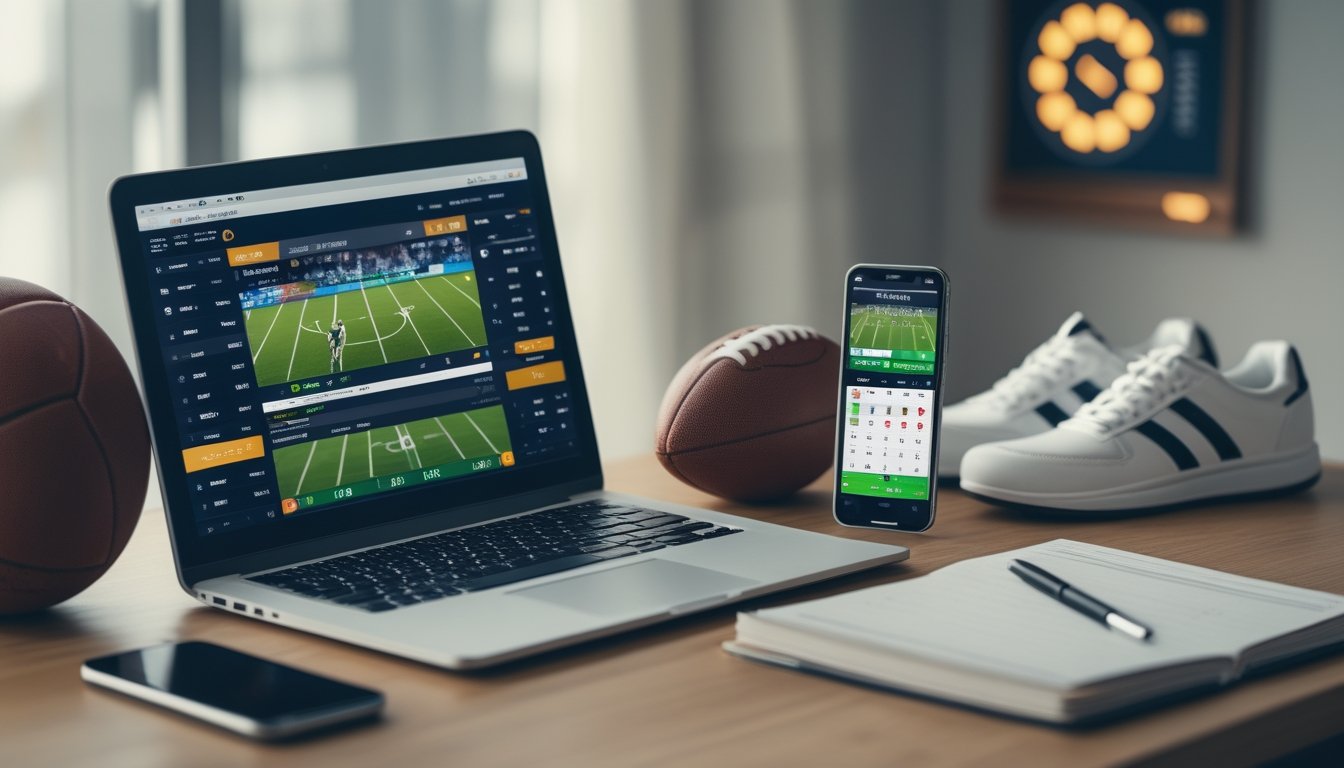 Meja kerja dengan laptop yang menampilkan pertandingan sepak bola, ponsel dengan aplikasi taruhan, dan alat tulis di sekitarnya.