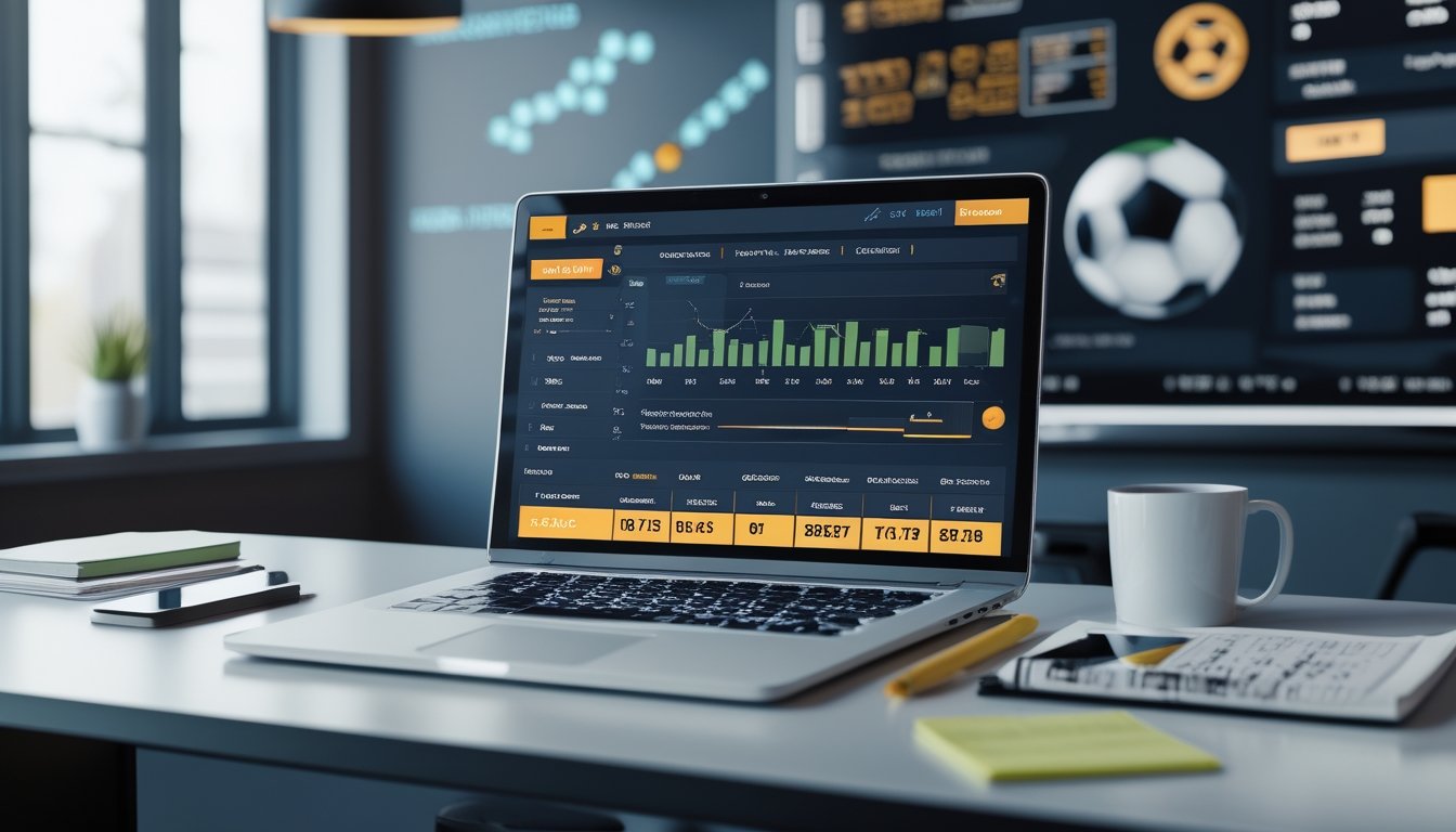 Meja kerja modern dengan laptop menampilkan situs taruhan olahraga, catatan, ponsel dengan peluang taruhan, dan layar digital besar di latar belakang yang menampilkan grafik terkait taruhan olahraga.