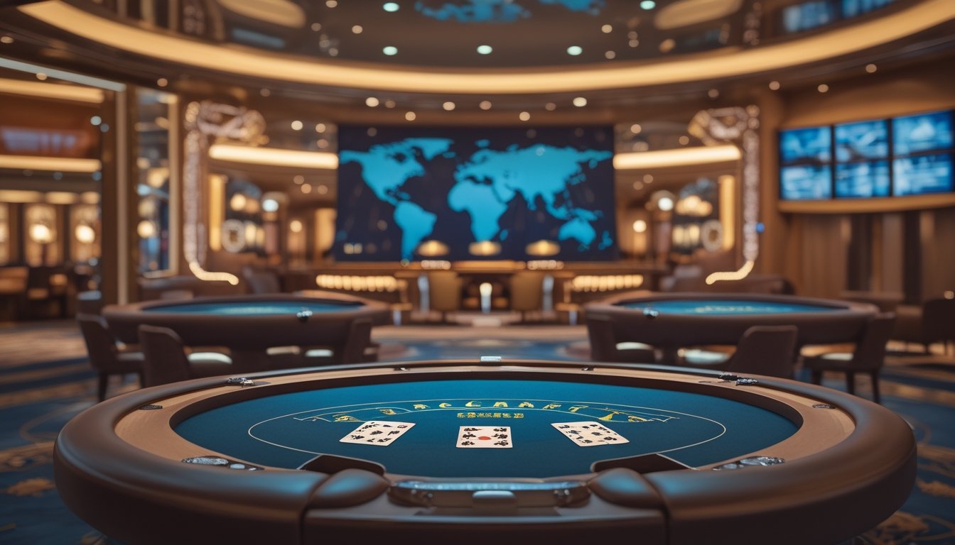 Meja Baccarat di kasino mewah dengan kartu dan chip, latar belakang menampilkan elemen budaya dan kota dari berbagai negara.