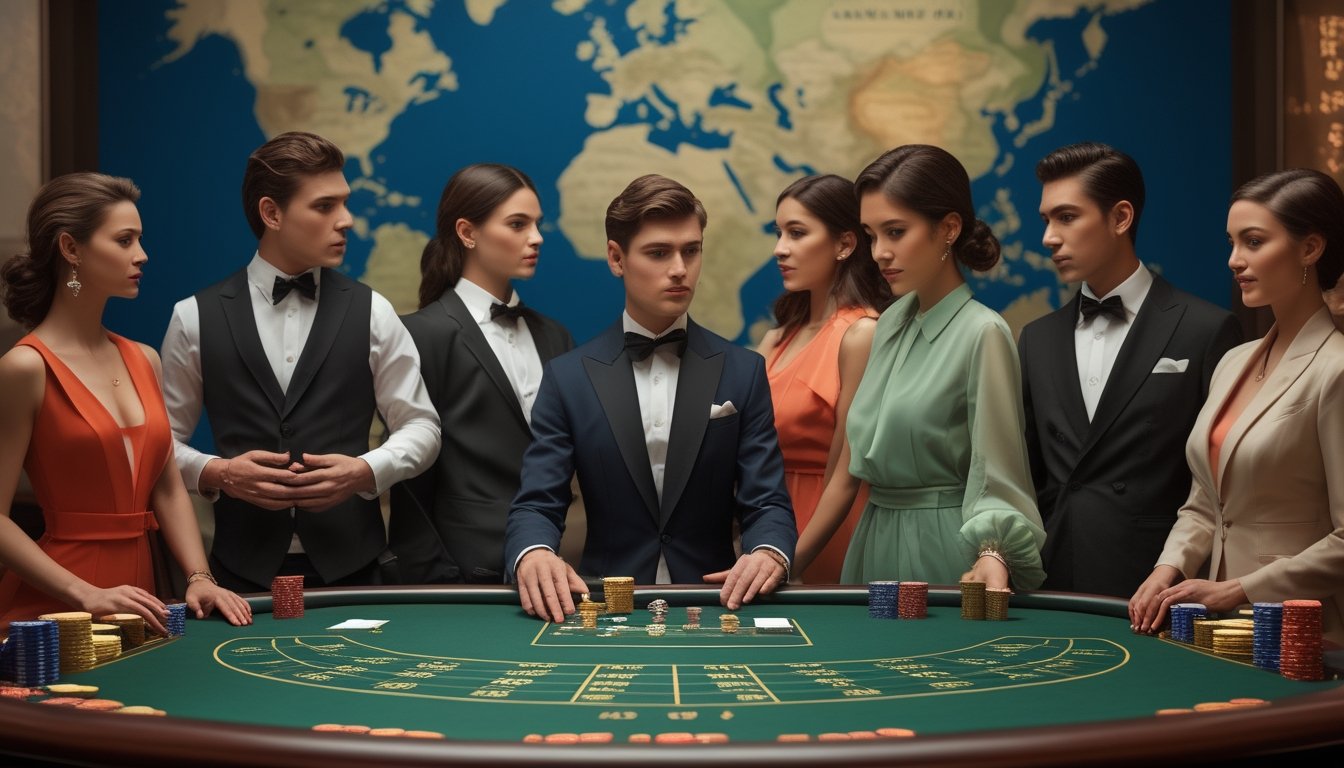 Meja baccarat di kasino dengan pemain dari berbagai latar belakang mengenakan pakaian klasik, menunjukkan sejarah dan perkembangan permainan baccarat di dunia.