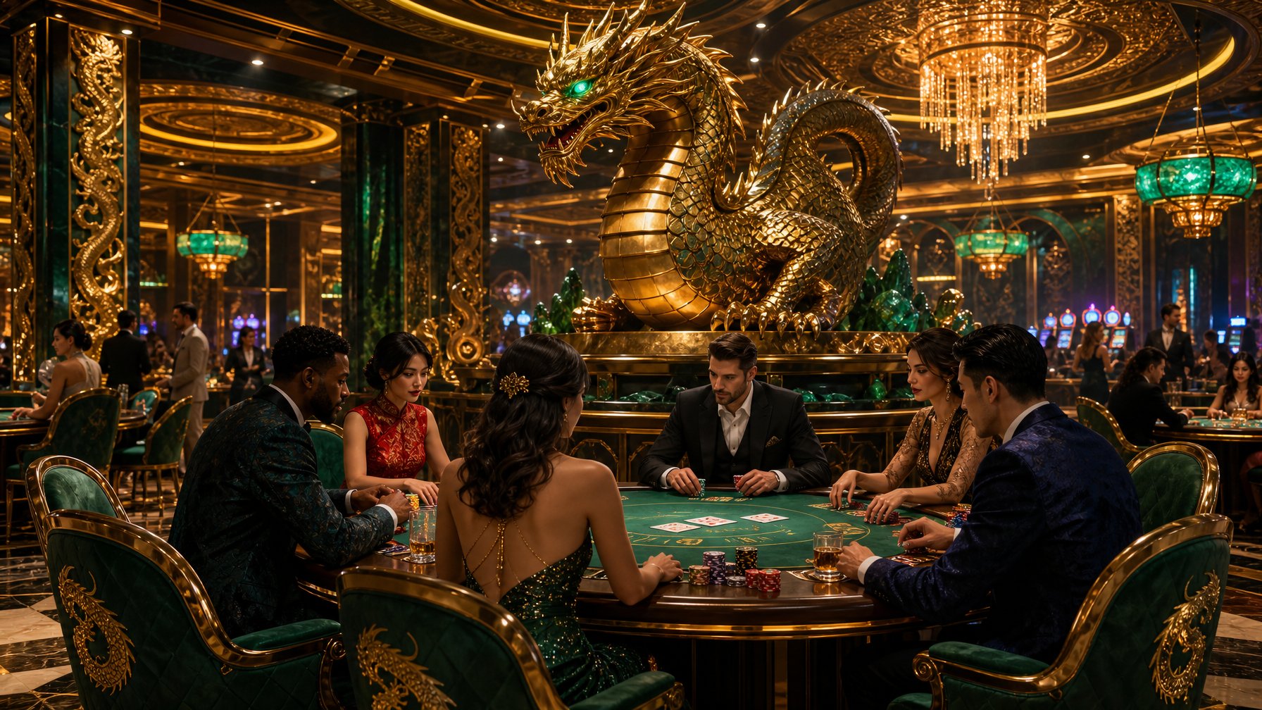 A Luxurious Casino Interior With DragonThemed Decorations, Gaming Tables With Players, And A Large Dragon Statue In The Background.