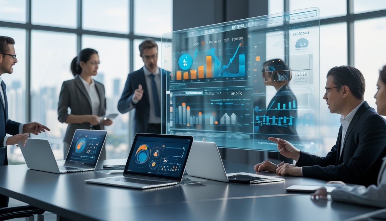 Sekelompok profesional bisnis sedang menganalisis data keuangan di ruang kantor modern dengan layar digital dan perangkat teknologi.