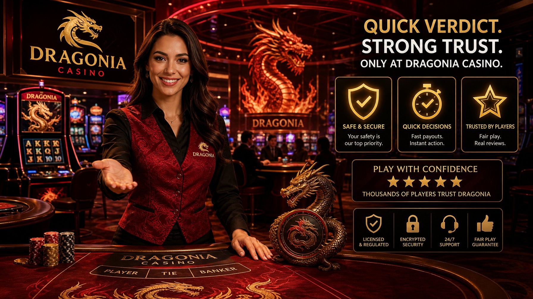 A Casino Scene Featuring A Friendly Dealer Surrounded By DragonThemed Gaming Tables And Glowing Trust Symbols.