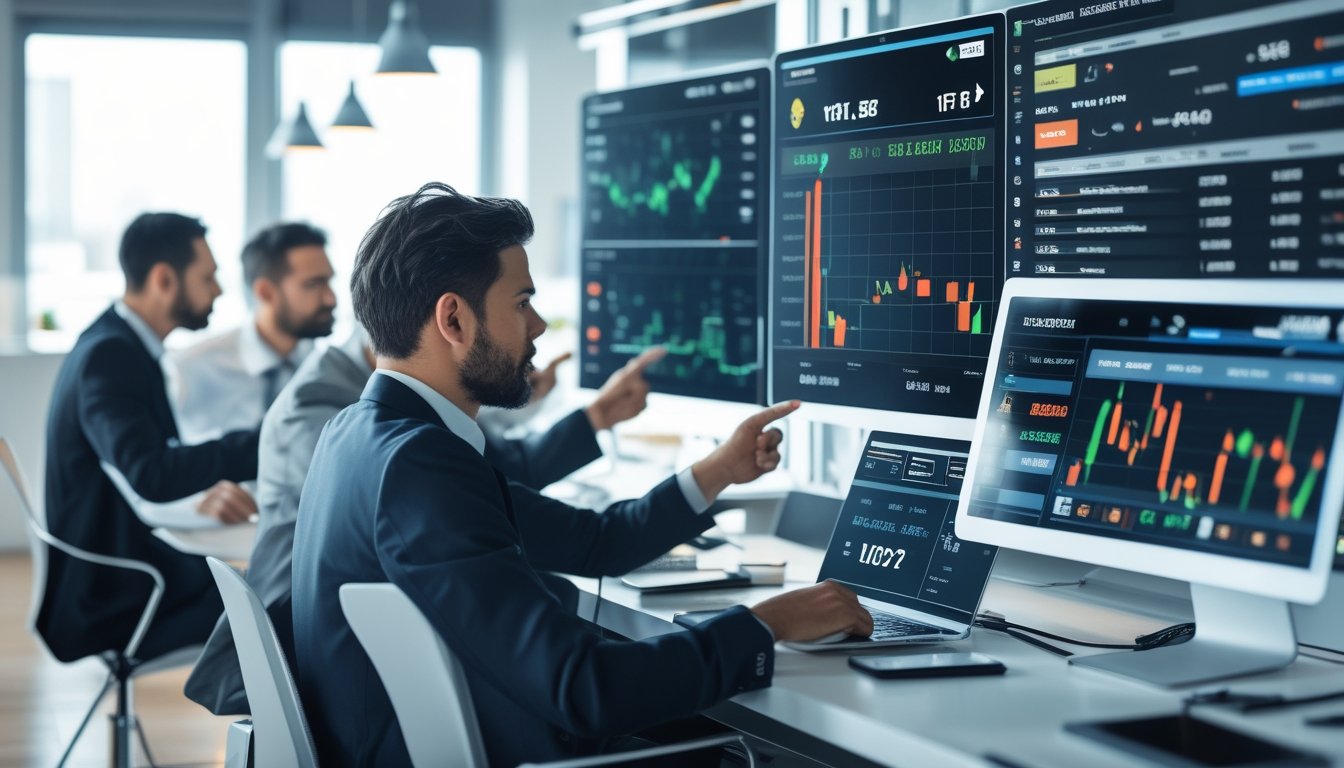 Sekelompok profesional bisnis sedang menganalisis data keuangan di ruang kantor modern dengan berbagai layar digital yang menampilkan grafik dan statistik.