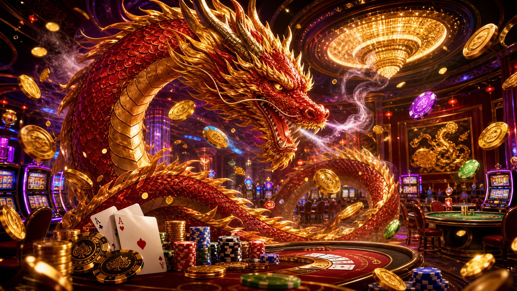 A Majestic Dragon Coils Around A Luxurious Casino Setting With Glowing Slot Machines, Poker Chips, Playing Cards, And Floating Coins, Creating An Exciting And Inviting Atmosphere.