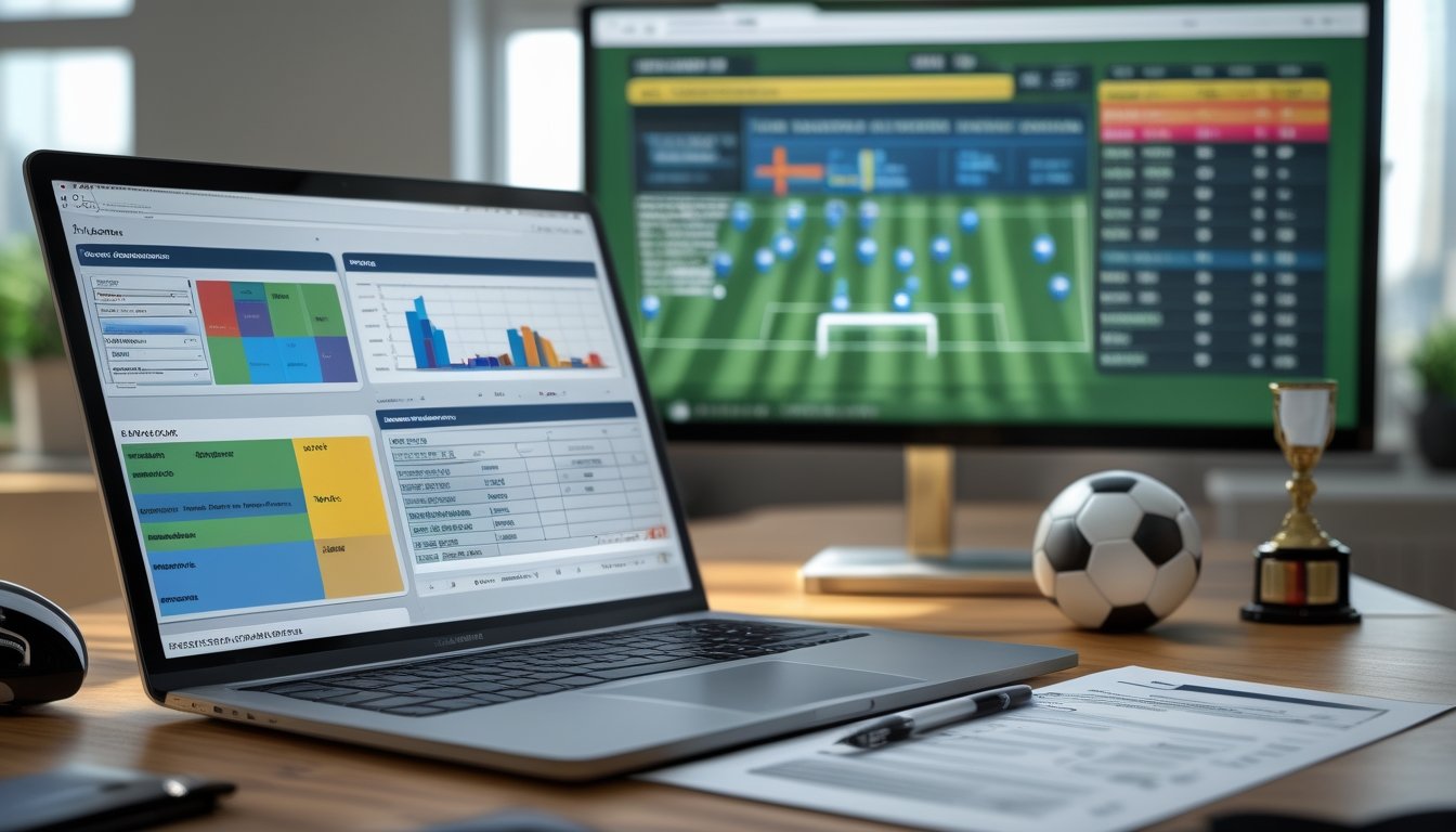 Meja kerja dengan laptop menampilkan grafik statistik pertandingan sepak bola dan layar besar di latar belakang menunjukkan posisi pemain di lapangan.