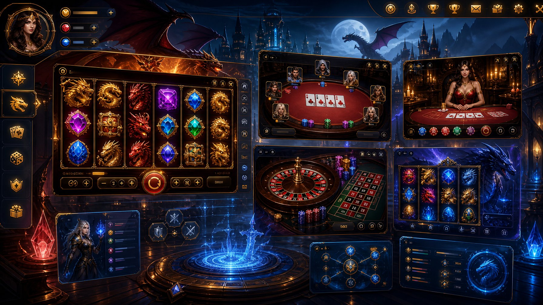 A Detailed Scene Showing A Digital Casino Game Lobby With Multiple Game Windows And FantasyThemed Design Elements Like Dragons And Glowing Symbols.