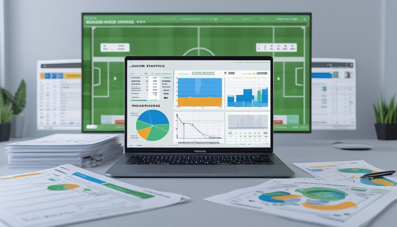 Seorang analis bekerja di meja dengan laptop yang menampilkan grafik dan statistik pertandingan sepak bola, dikelilingi oleh lembar data dan layar besar yang menunjukkan peta panas lapangan sepak bola.